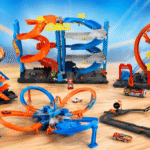 Best Hot Wheels sets for 5 year olds displayed on a colorful toy-style background with tracks, garages, loops, and cars.