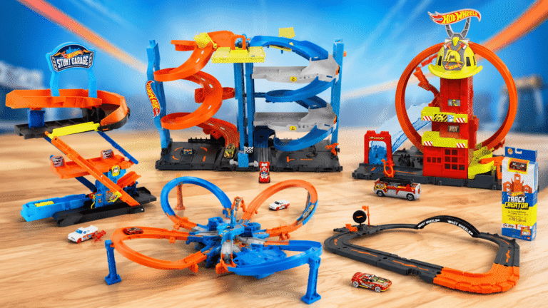 Best Hot Wheels sets for 5 year olds displayed on a colorful toy-style background with tracks, garages, loops, and cars.