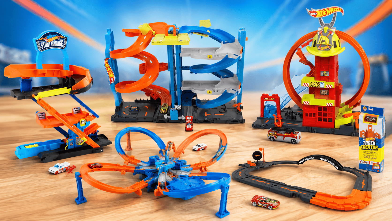 Best Hot Wheels sets for 5 year olds displayed on a colorful toy-style background with tracks, garages, loops, and cars.
