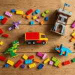 best LEGO sets for 5 year olds including a brick truck castle and dinosaur figures on a wooden floor