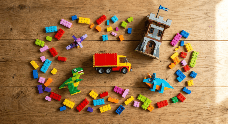 best LEGO sets for 5 year olds including a brick truck castle and dinosaur figures on a wooden floor