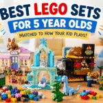 Best LEGO sets for 5 year olds displayed on a playroom table, including colorful bricks, vehicles, dinosaurs, castle builds, and themed LEGO playsets.