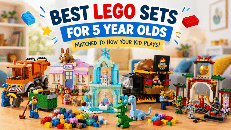 Best LEGO sets for 5 year olds displayed on a playroom table, including colorful bricks, vehicles, dinosaurs, castle builds, and themed LEGO playsets.
