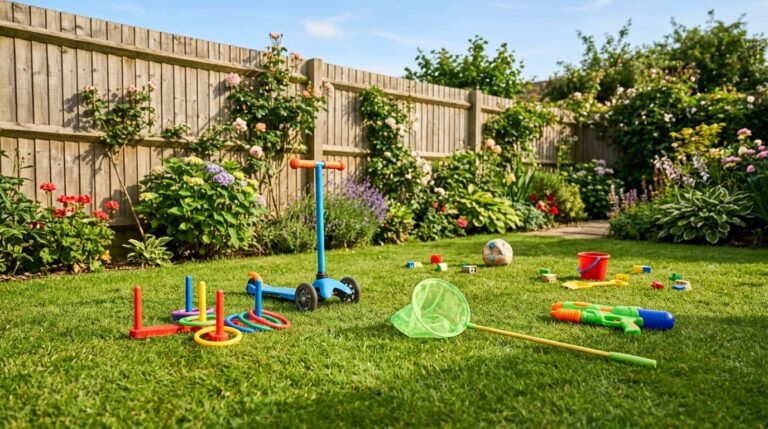 Best outdoor toys for 5 year old boys including a scooter, ring toss, bug catching net, and water gun on a sunny garden lawn