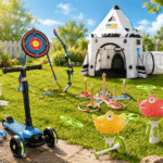 A colorful outdoor toy setup for 5 year old boys, featuring a space play tent, scooter, bow and target set, ring toss game, water blasters, bug-catching kit, pogo stick, and flying disc toys in a sunny backyard.