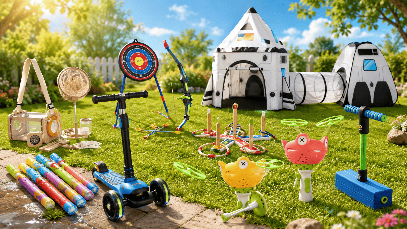 A colorful outdoor toy setup for 5 year old boys, featuring a space play tent, scooter, bow and target set, ring toss game, water blasters, bug-catching kit, pogo stick, and flying disc toys in a sunny backyard.