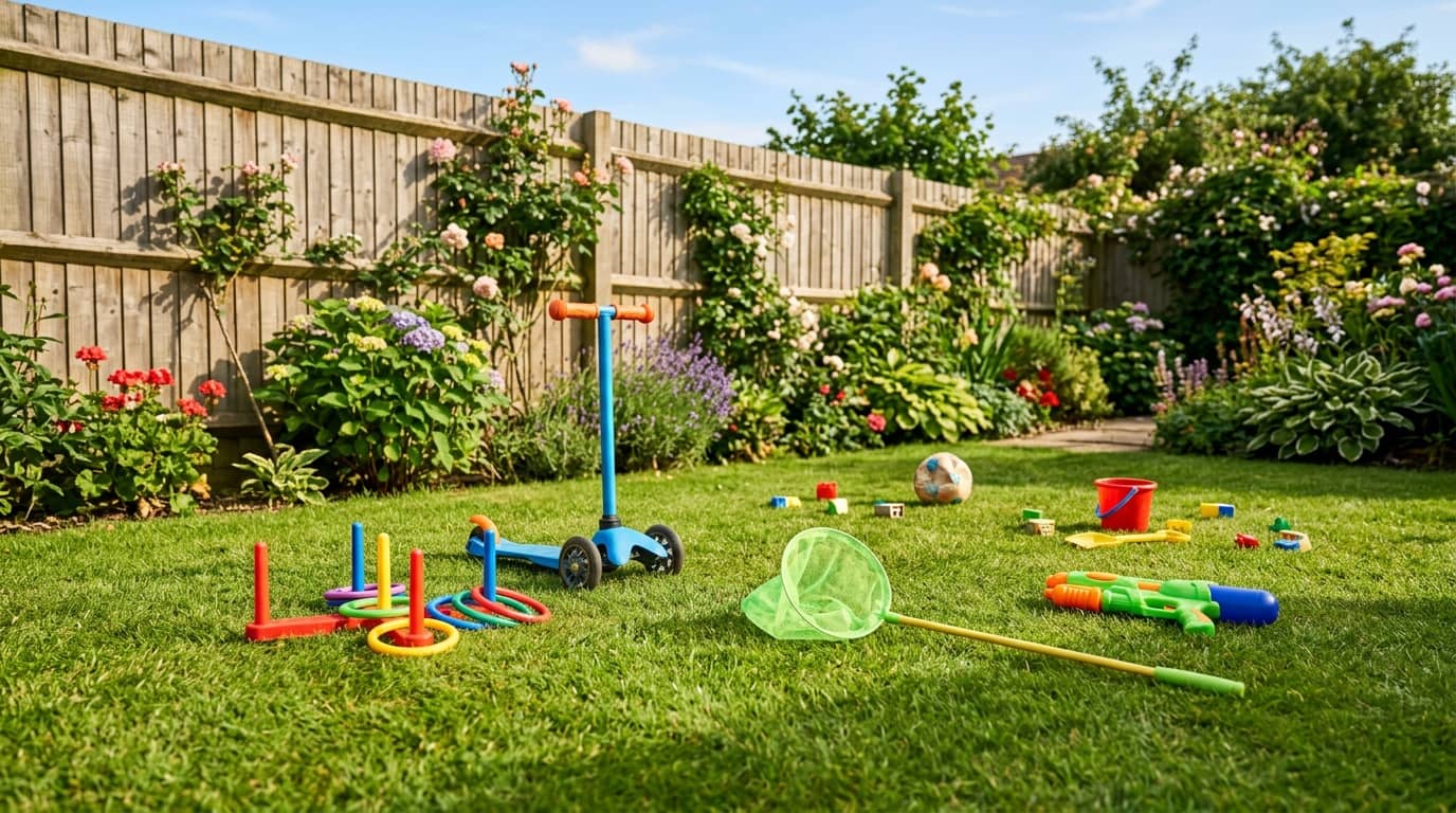 Best outdoor toys for 5 year old boys including a scooter, ring toss, bug catching net, and water gun on a sunny garden lawn