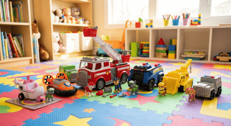 best Paw Patrol toys for 5 year olds including rescue vehicles and character figures on a colorful play mat
