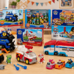 Best Paw Patrol toys for 5 year olds displayed on a playroom table, including Paw Patrol vehicles, figure packs, rescue trucks, and collectible toy sets.