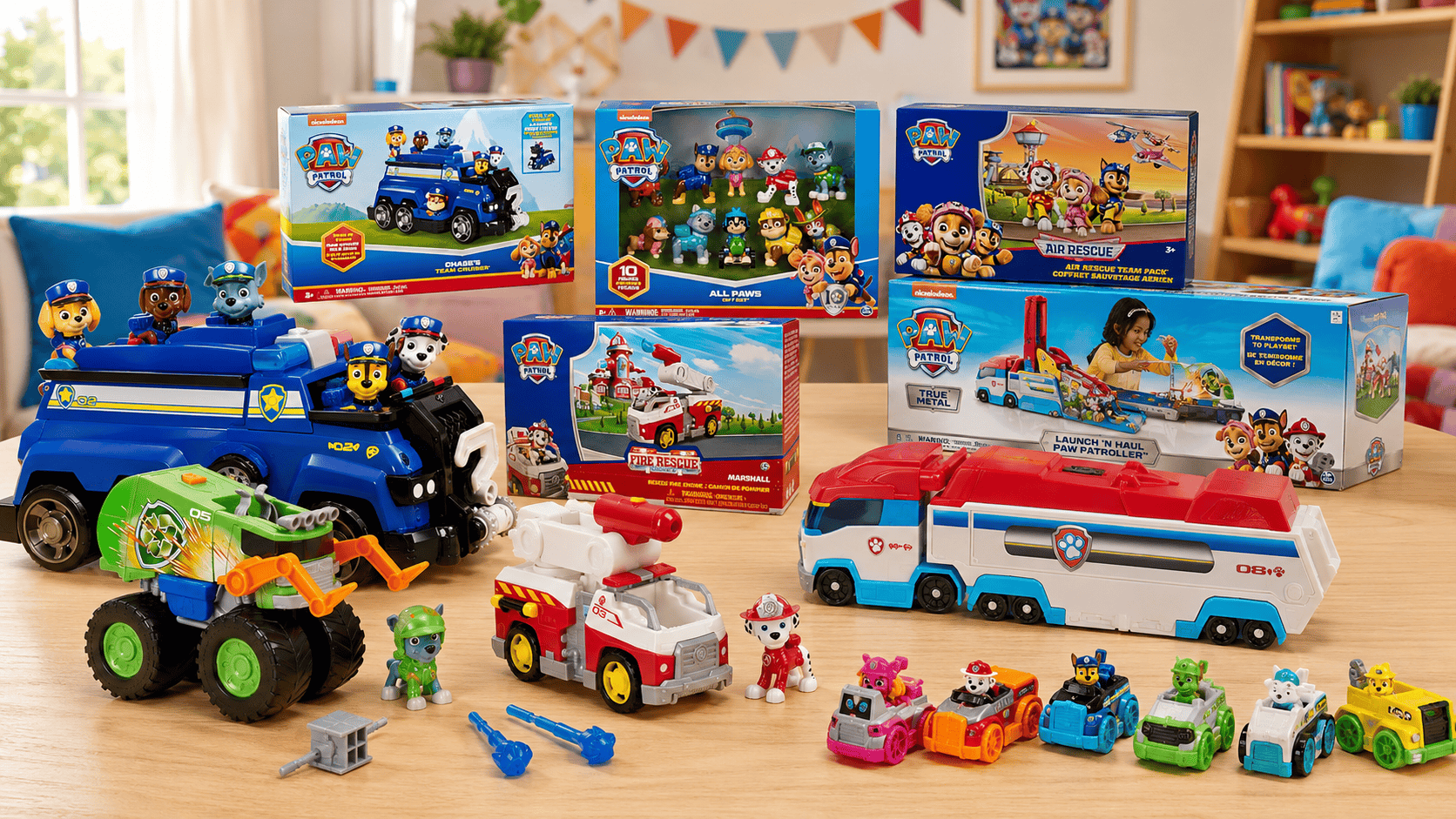 Best Paw Patrol toys for 5 year olds displayed on a playroom table, including Paw Patrol vehicles, figure packs, rescue trucks, and collectible toy sets.