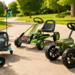 Three kids pedal go karts from BERG, Razor, and Costzon arranged on a sunny outdoor path for a best pedal go kart comparison review.