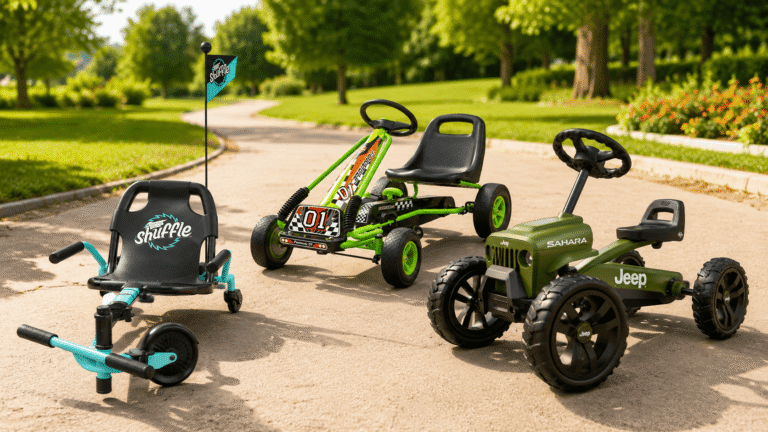 Three kids pedal go karts from BERG, Razor, and Costzon arranged on a sunny outdoor path for a best pedal go kart comparison review.