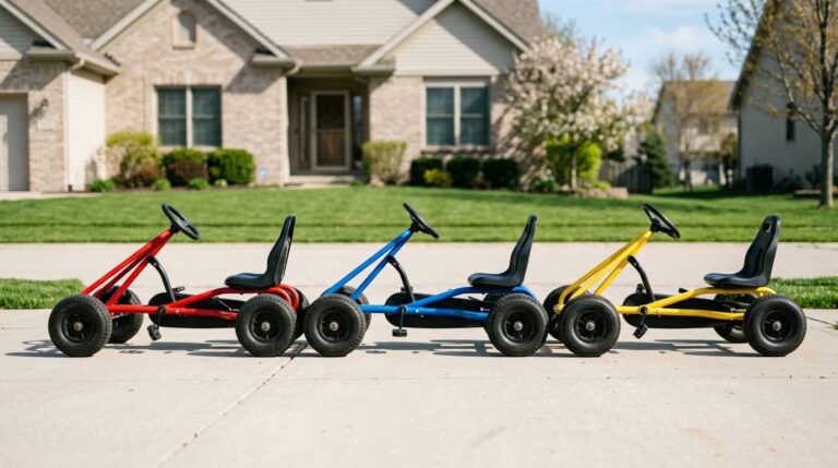 Best pedal go kart for kids showing three colorful karts in red, blue, and yellow lined up on a residential driveway