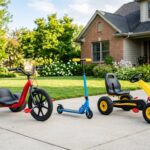 Best ride on toys for 5 year olds including a drift trike, kick scooter, and pedal go-kart on a sunny driveway