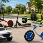 Best ride on toys for 5 year olds lined up on a sunny suburban driveway, including a ride-on truck, drift trike, pedal car, scooter, and caster trike