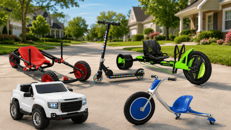 Best ride on toys for 5 year olds lined up on a sunny suburban driveway, including a ride-on truck, drift trike, pedal car, scooter, and caster trike