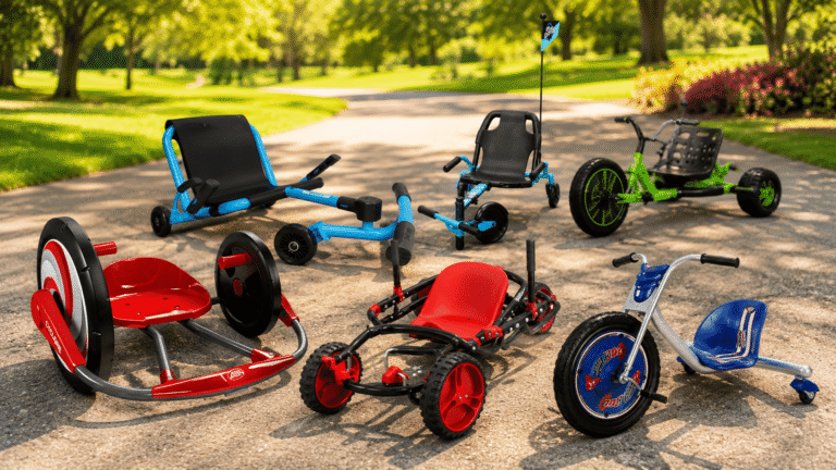 Best ride on toys for 5 year olds displayed on a sunny park path, including drift carts, wiggle cars, and low ride-on toys for active outdoor play