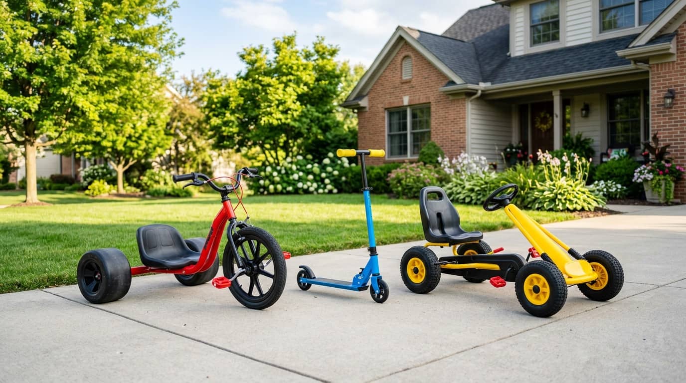 Best ride on toys for 5 year olds including a drift trike, kick scooter, and pedal go-kart on a sunny driveway