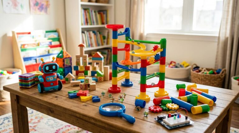 Best STEM toys for 5 year olds including a marble run, coding robot, building blocks, magnetic tiles, and magnifying glass on a playroom table