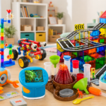 A colorful collection of STEM toys for 5 year olds, including a coding robot, marble run, volcano science kit, microscope, magnetic building set, circuits kit, and robot building toy.