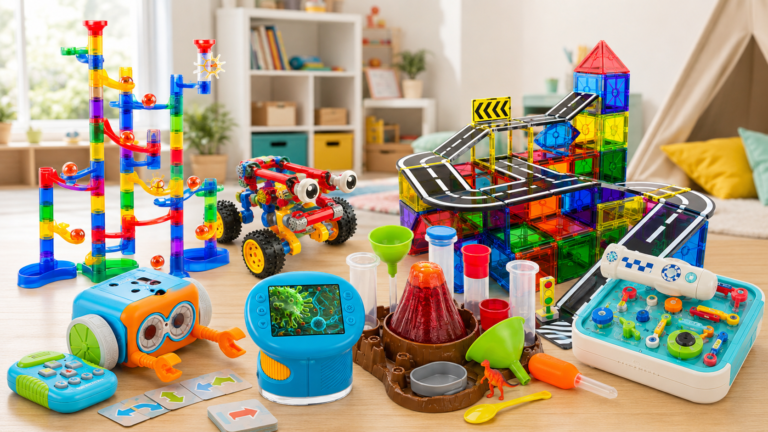 A colorful collection of STEM toys for 5 year olds, including a coding robot, marble run, volcano science kit, microscope, magnetic building set, circuits kit, and robot building toy.