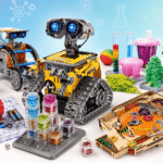 A colorful collection of STEM toys for kids aged 8 to 12, including robotics kits, a microscope, chemistry experiments, circuits, a gravity maze, a mechanical hand, and a pinball building kit.
