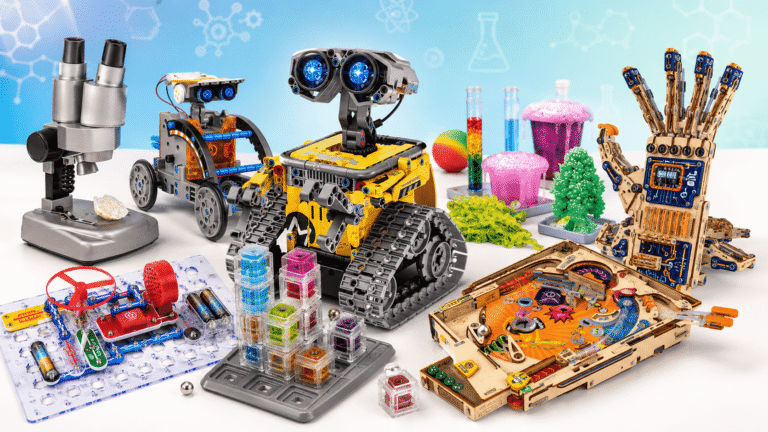 A colorful collection of STEM toys for kids aged 8 to 12, including robotics kits, a microscope, chemistry experiments, circuits, a gravity maze, a mechanical hand, and a pinball building kit.