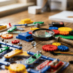 best STEM toys for kids ages 8 to 12 including circuit pieces gears and magnifying glass on a wooden desk