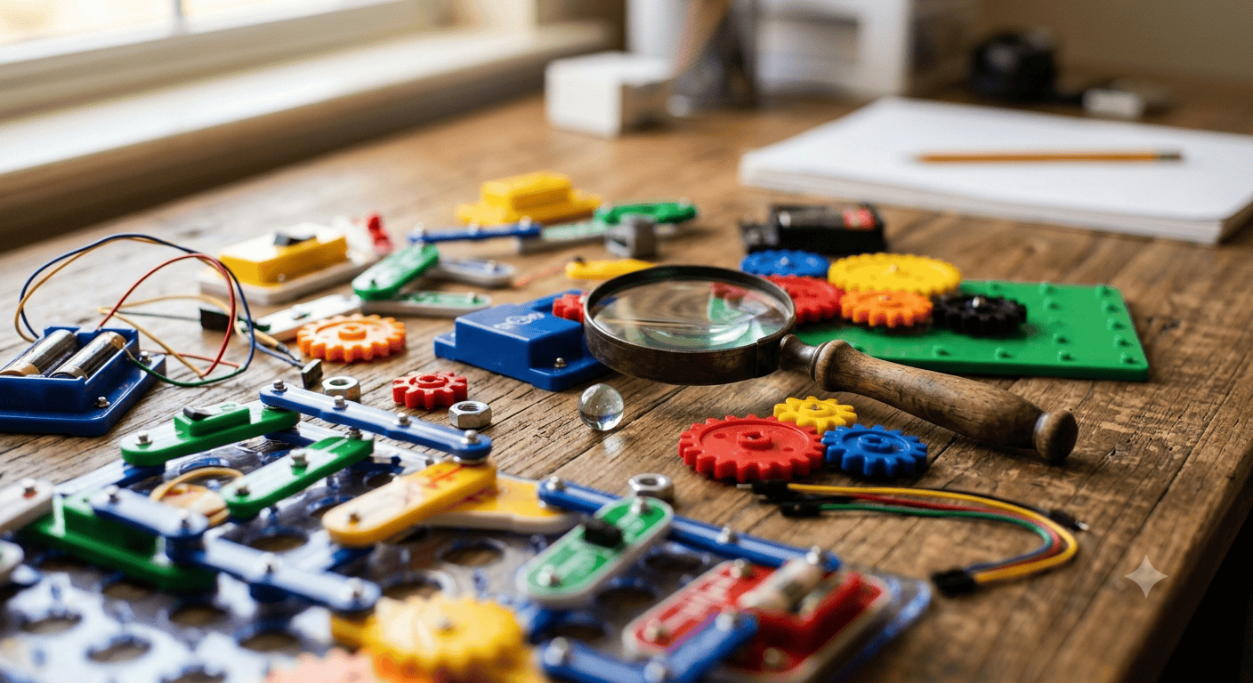 best STEM toys for kids ages 8 to 12 including circuit pieces gears and magnifying glass on a wooden desk