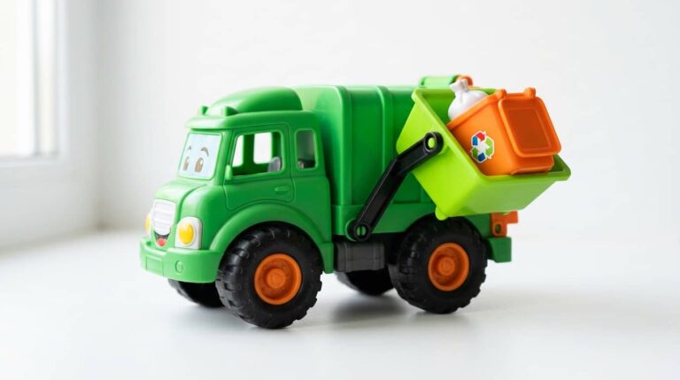 Garbage truck ride on toys including a colorful green toy truck with a working dump bin and recycling accessories