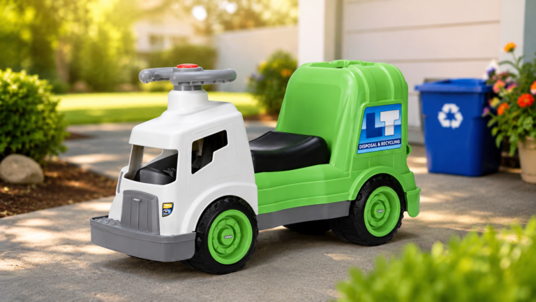Little Tikes Dirt Diggers garbage truck ride on toys on a sunny driveway with a recycling bin in the background.