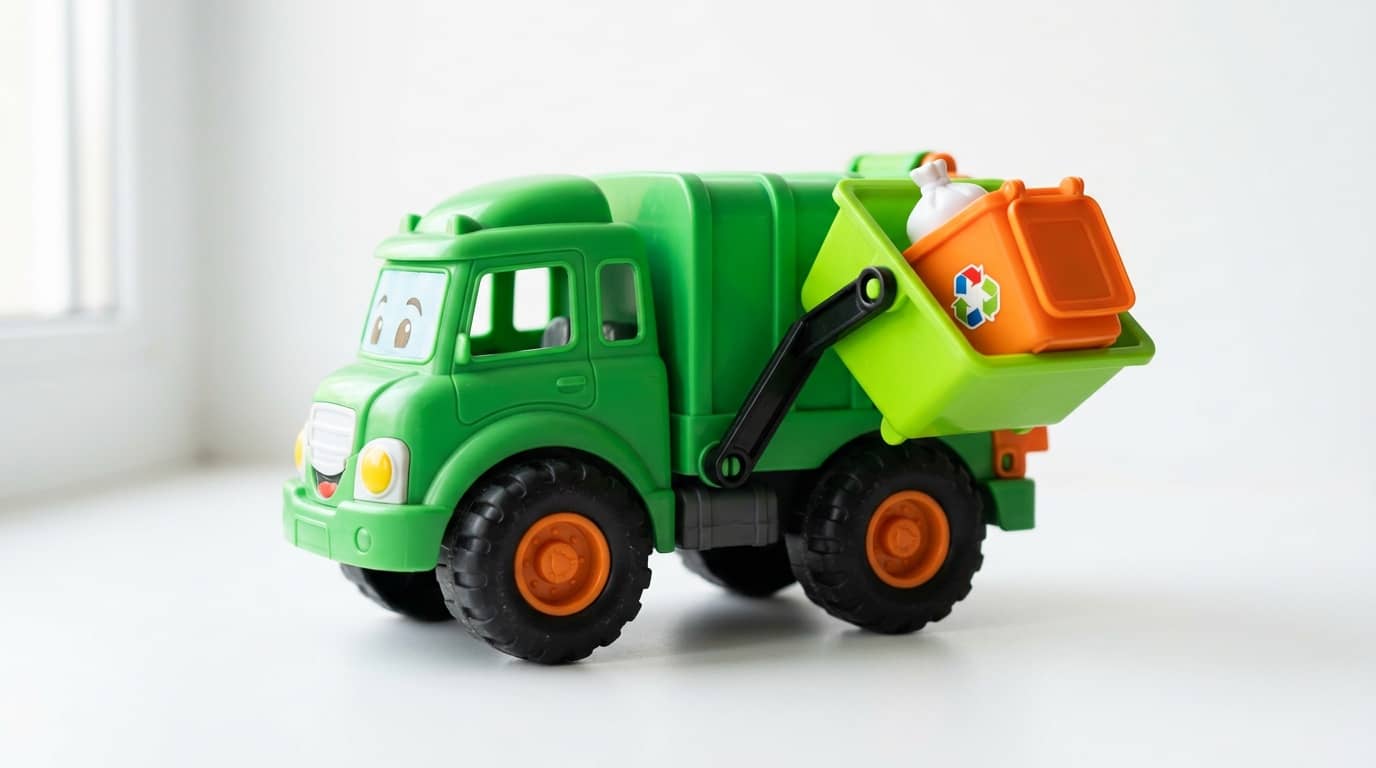 Garbage truck ride on toys including a colorful green toy truck with a working dump bin and recycling accessories