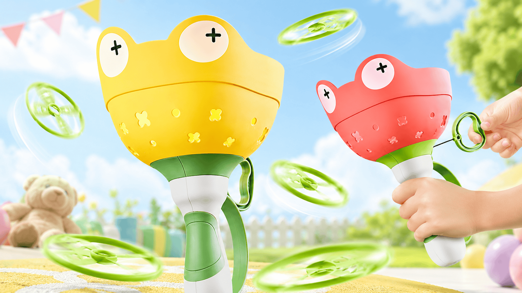 Manual capture catching game with frog-shaped launchers and green flying discs on a bright playful outdoor background.