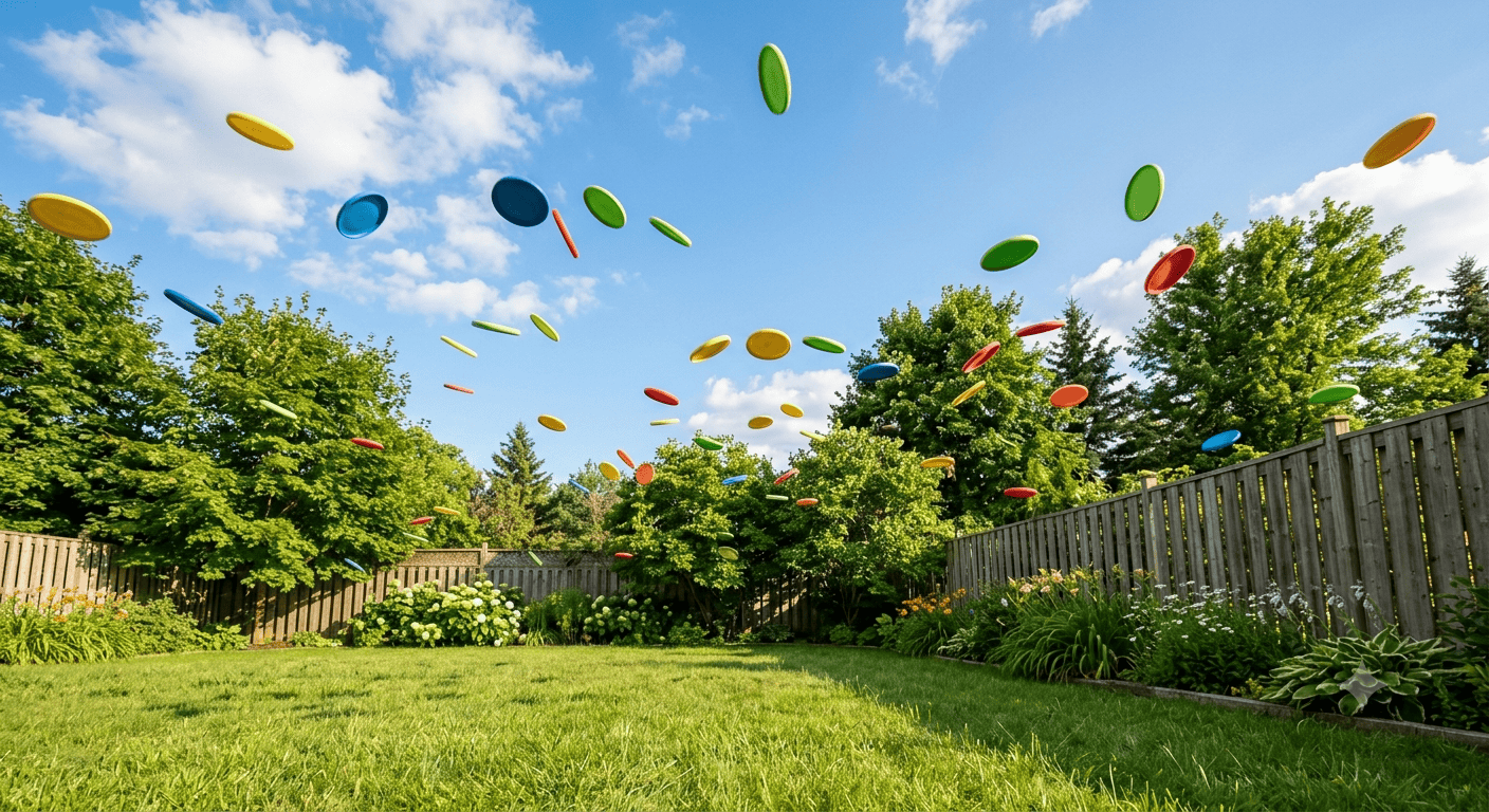 manual capture catching game discs flying in a sunny backyard
