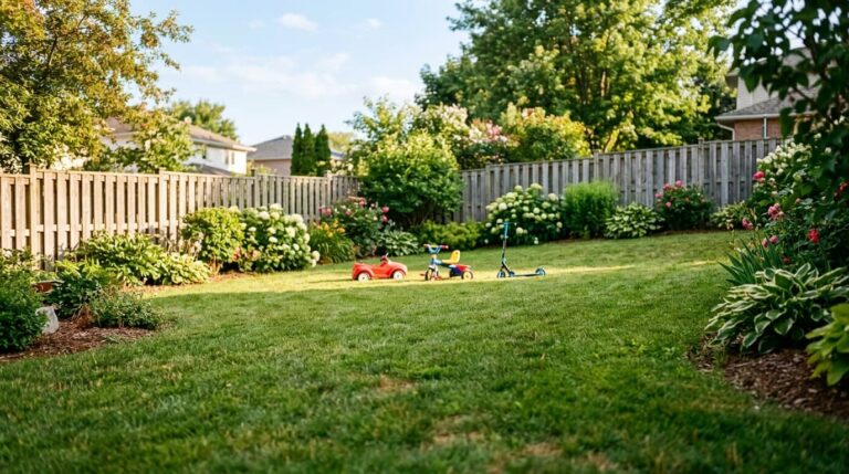 Pedal powered go kart and children's outdoor ride on toys in a sunny residential backyard