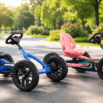 Two BERG Buddy pedal powered go karts on a sunny outdoor path, showing blue and pink go kart options for a kids ride-on toy review.