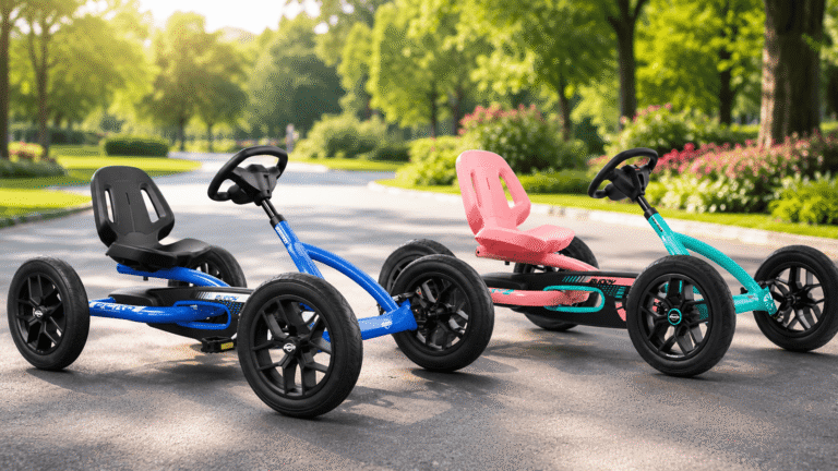 Two BERG Buddy pedal powered go karts on a sunny outdoor path, showing blue and pink go kart options for a kids ride-on toy review.