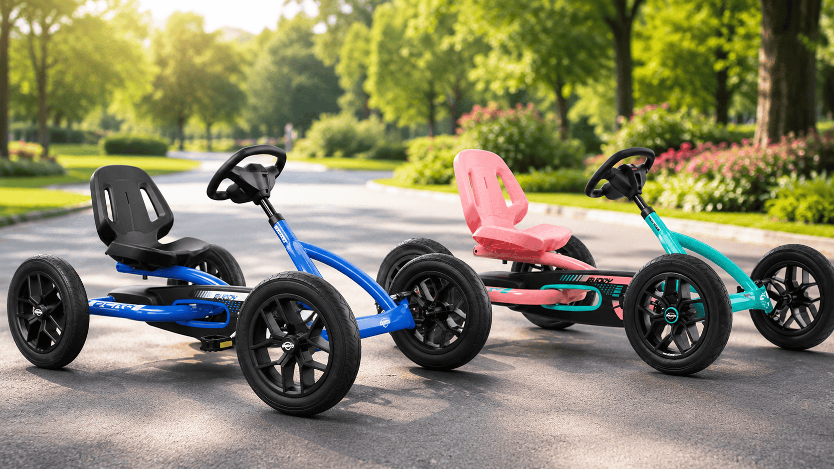 Two BERG Buddy pedal powered go karts on a sunny outdoor path, showing blue and pink go kart options for a kids ride-on toy review.