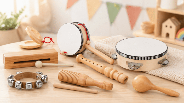 Stoie's Wooden Music Set arranged on a light wooden table with a tambourine, drum, recorder, bells, maraca, tone block, and other wooden musical instruments.