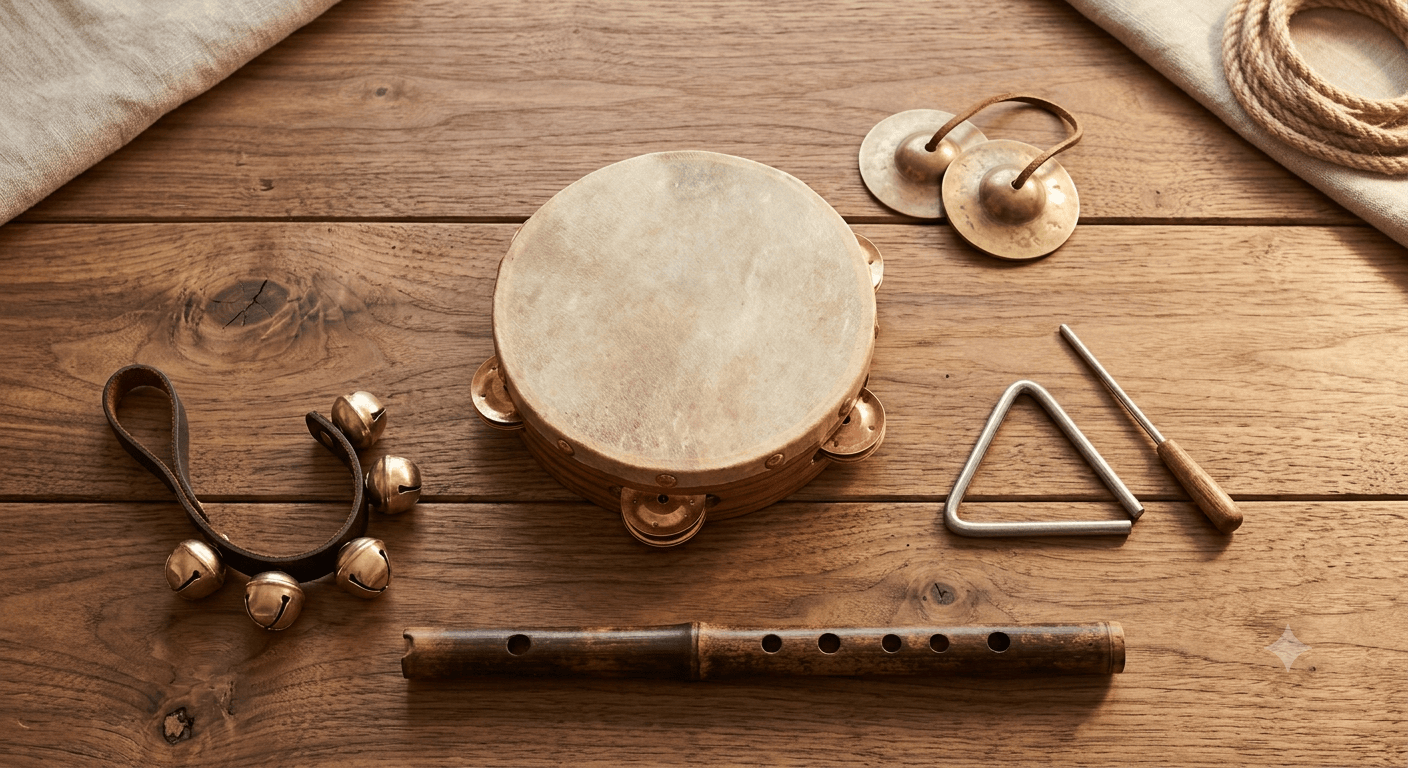 Stoie's wooden music set instruments including tambourine triangle bells and flute on a wood surface