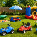 Colorful generic outdoor toys arranged in a sunny backyard for a Best Little Tikes Outdoor Toys guide
