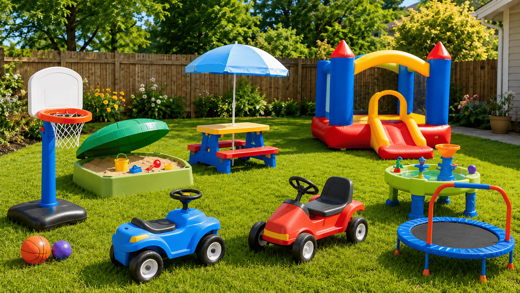 Colorful generic outdoor toys arranged in a sunny backyard for a Best Little Tikes Outdoor Toys guide