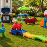 Best Step2 outdoor toys arranged in a sunny backyard with water table, roller coaster, wagon, picnic table, play grill, and sports climber