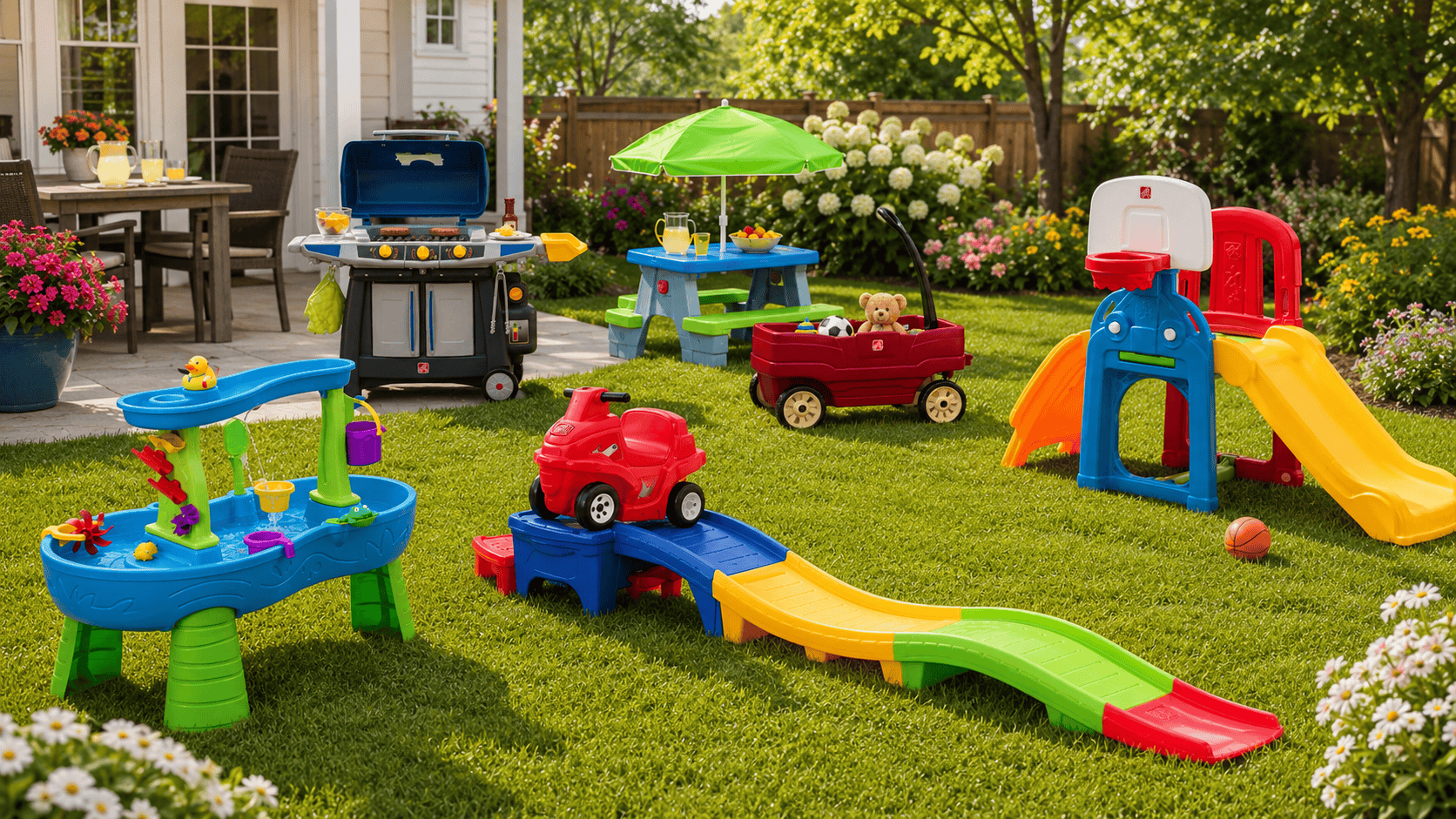 Best Step2 outdoor toys arranged in a sunny backyard with water table, roller coaster, wagon, picnic table, play grill, and sports climber