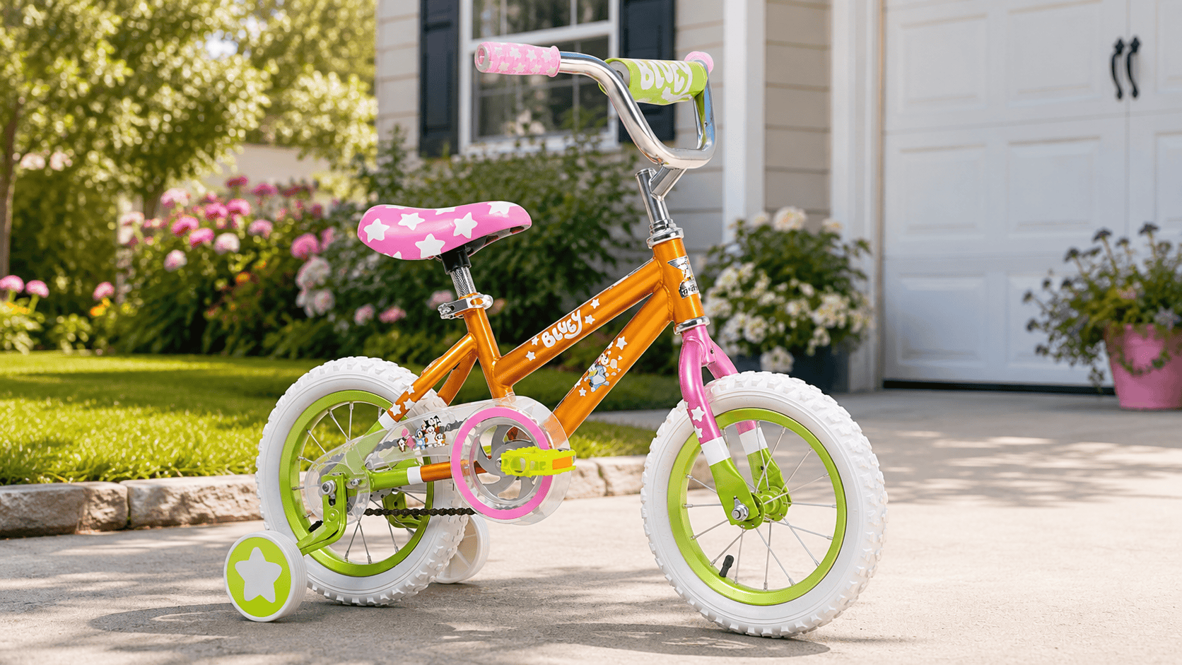 Bluey 12 inch kids bike with training wheels on a sunny driveway with a landscaped yard
