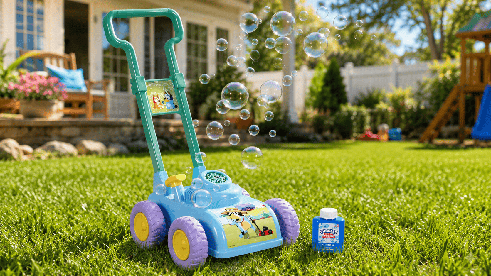Bluey Bubble Lawn Mower for toddlers blowing bubbles in a sunny backyard