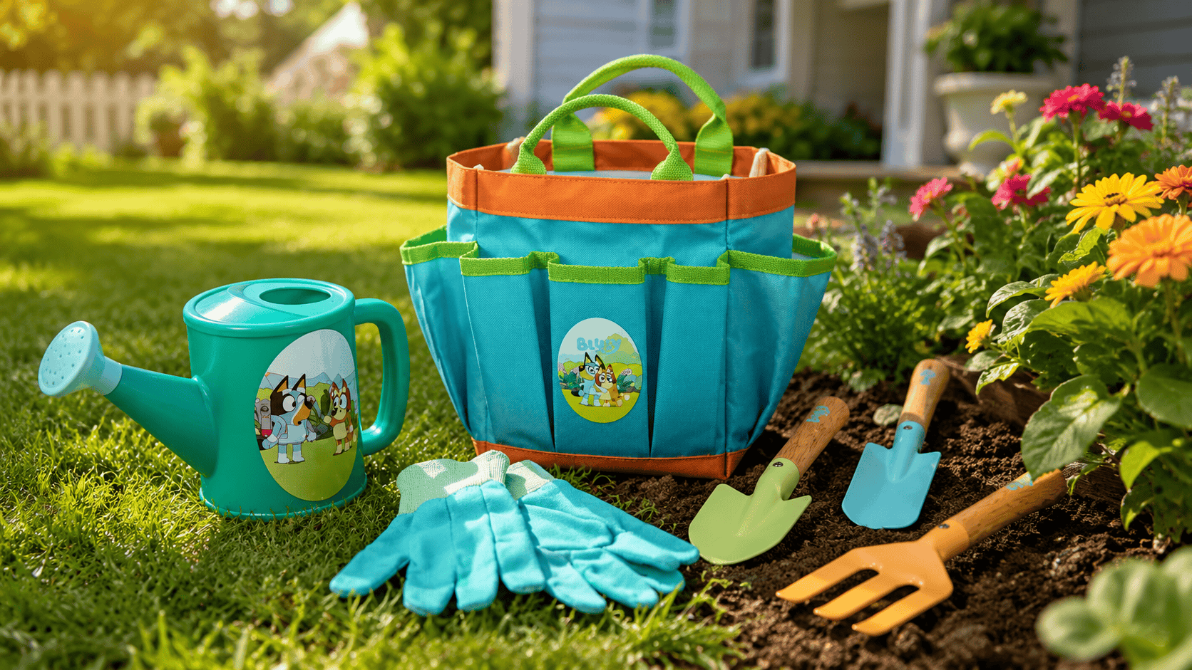 Bluey gardening set arranged beside colorful flowers in a sunny backyard garden
