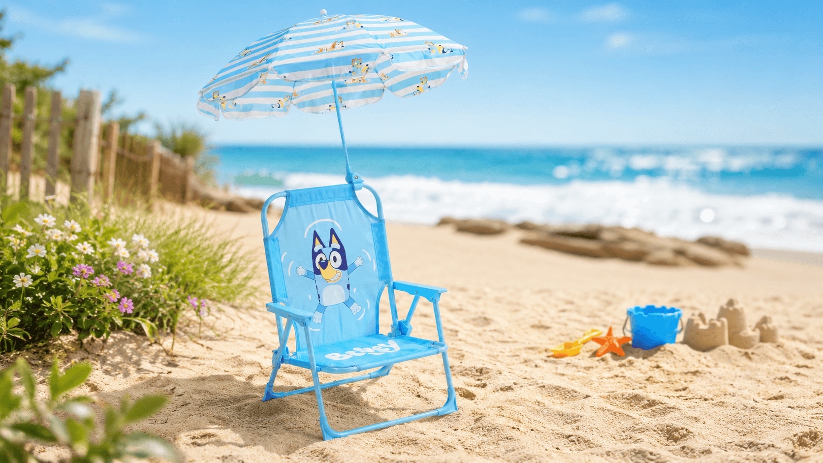 Bluey kids outdoor folding beach chair with umbrella set up on a sunny beach