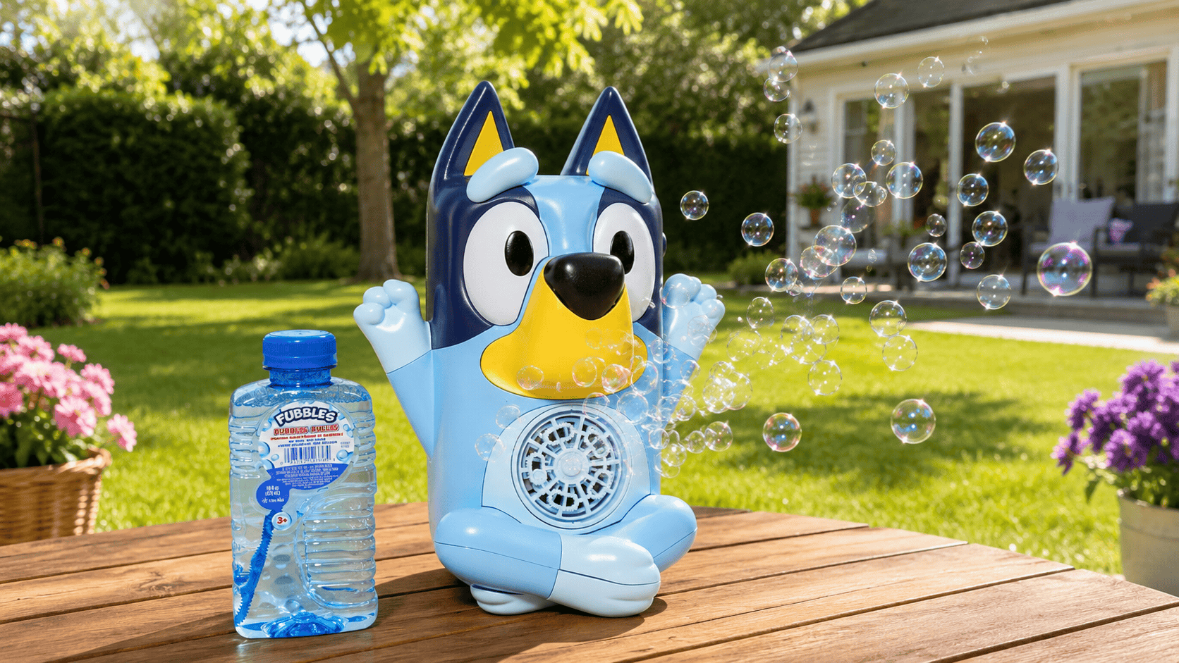 Bluey no spill musical bubble machine blowing bubbles on a picnic table in a sunny backyard