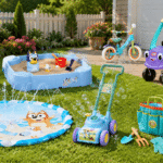 Bluey outdoor toys featured image showing a splash mat, sandbox, bubble mower, ride-on car, balance bike, beach chair, and gardening set in a sunny backyard